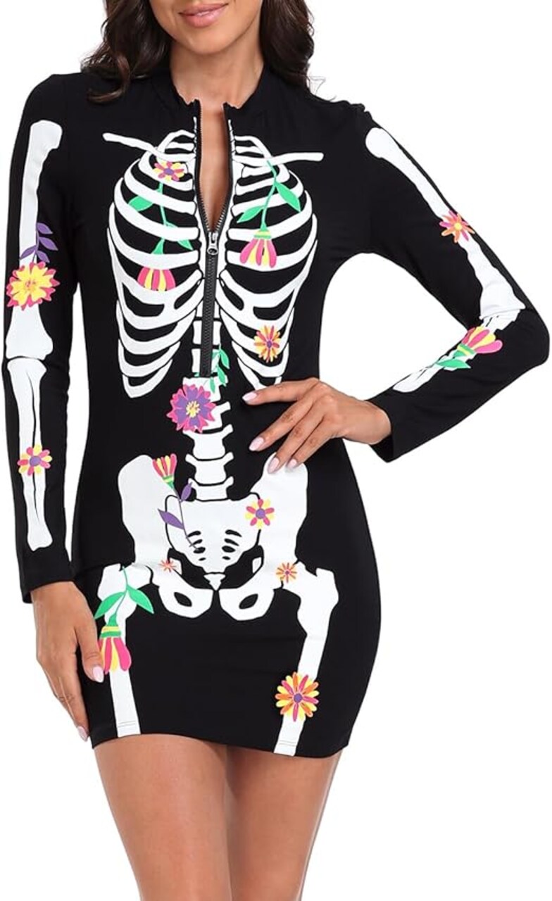 Women's Skeleton Dress Halloween Costume Stretchy Long Sleeve Mini Dress